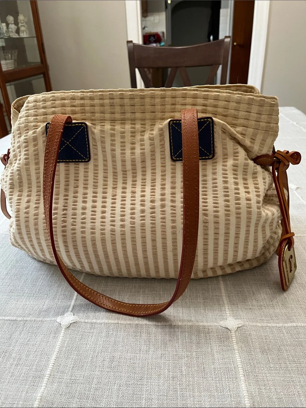 DOONEY&BOURKE VINTAGE Cream Tote with Brown Leather Straps and Navy Accents - Picture 3 of 10